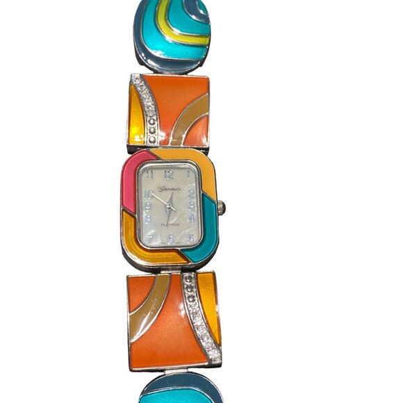Geneva Womens Stainless Steel Back Watch With Colorful Enamel Face & Rhinestone - Picture 8 of 15
